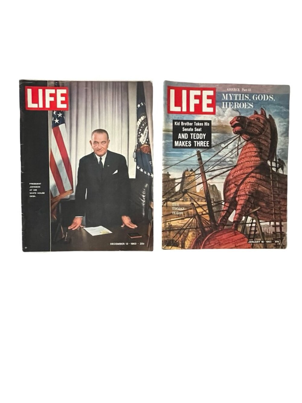 Vintage LIFE Magazine Lot 1963 LBJ Cover Greek Mythology Ads Coca Cola GE Vicero